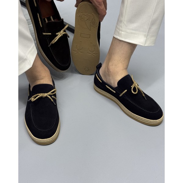 Erkek Hasır Taban Bağcık Detaylı Espadril Model Süet Loafer Ayakkabı 