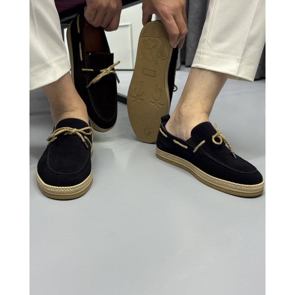 Erkek Hasır Taban Bağcık Detaylı Espadril Model Süet Loafer Ayakkabı 