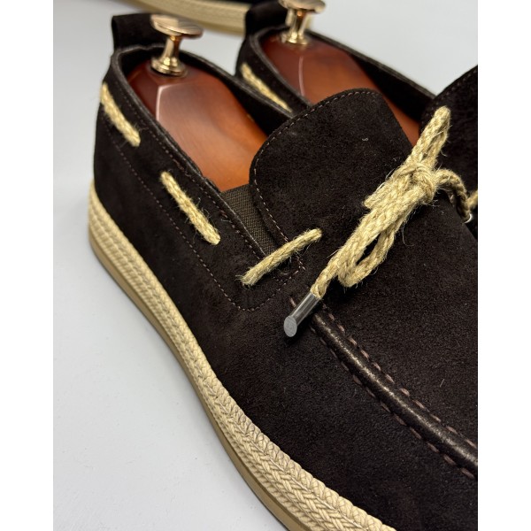 Erkek Hasır Taban Bağcık Detaylı Espadril Model Süet Loafer Ayakkabı 