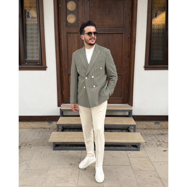 Erkek Exclusive Çizgili Çift Düğmeli Kruvaze Ceket