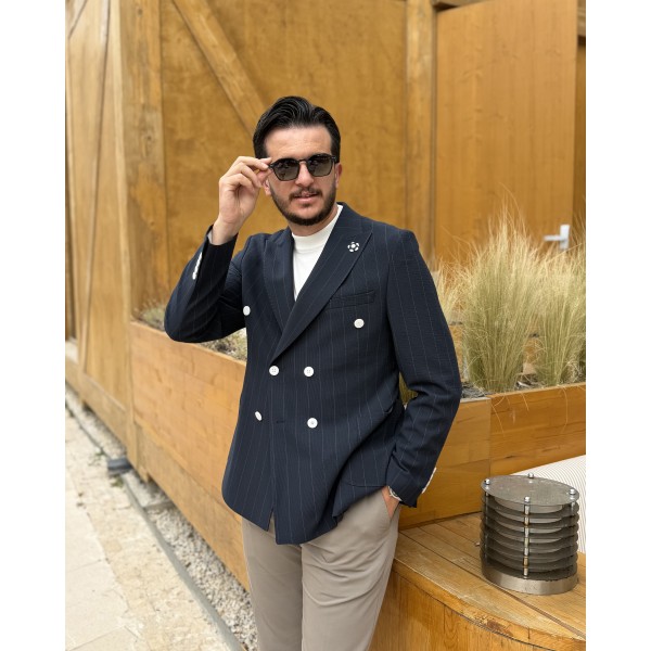 Erkek Exclusive Çizgili Çift Düğmeli Kruvaze Ceket