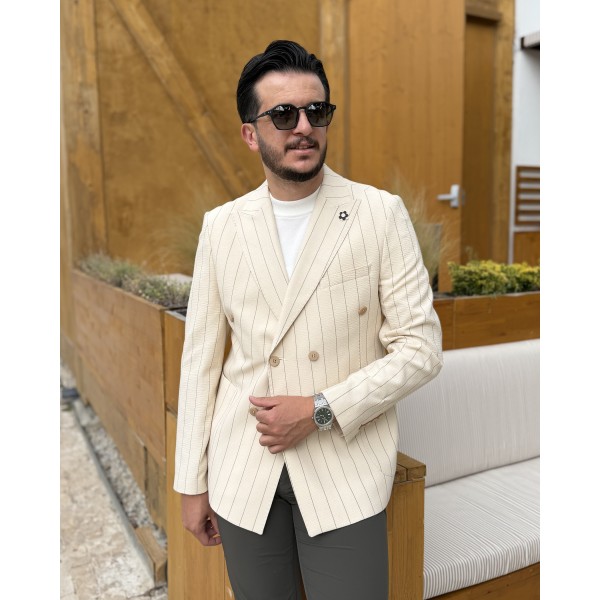 Erkek Exclusive Çizgili Çift Düğmeli Kruvaze Ceket