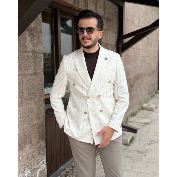 Erkek Exclusive Çizgili Çift Düğmeli Kruvaze Ceket
