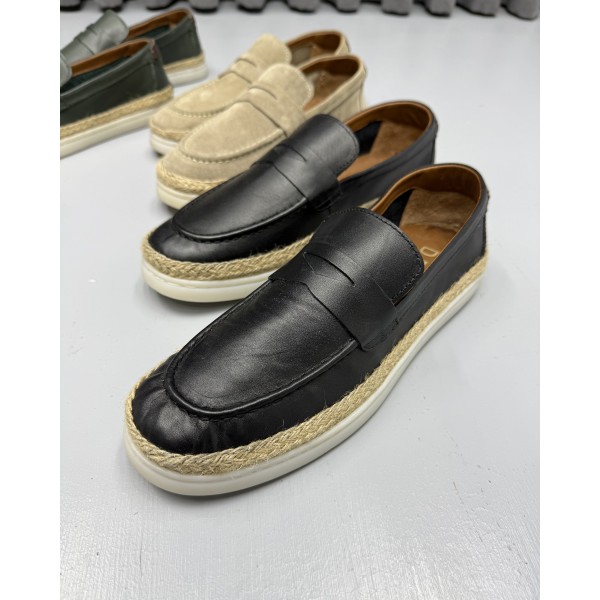 Erkek Hakiki Deri El İşçiliği İtalyan Stil Hasır Tabanlı Casual Loafer Ayakkabı