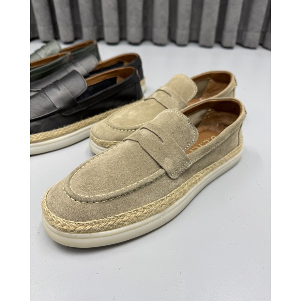 Erkek Hakiki Deri El İşçiliği İtalyan Stil Hasır Tabanlı Casual Loafer Ayakkabı
