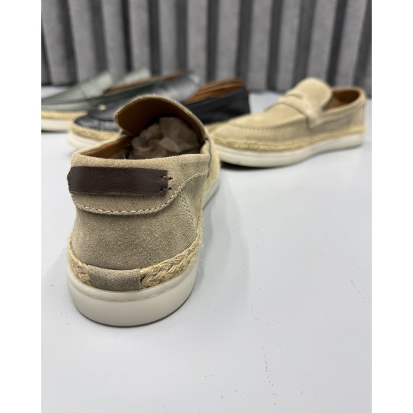 Erkek Hakiki Deri El İşçiliği İtalyan Stil Hasır Tabanlı Casual Loafer Ayakkabı
