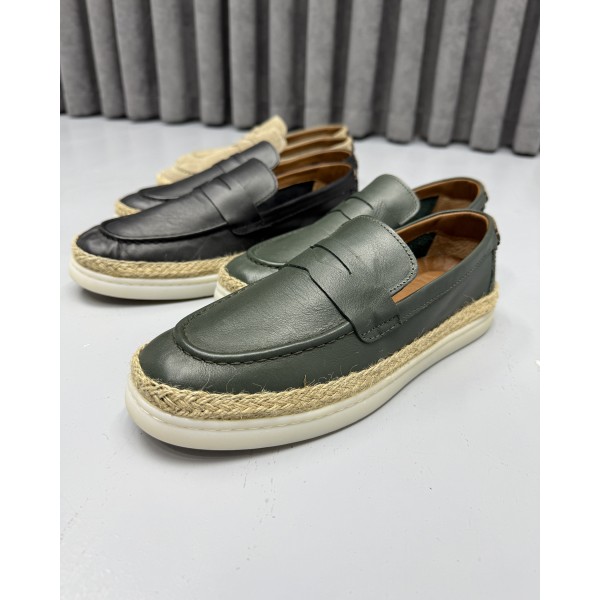 Erkek Hakiki Deri El İşçiliği İtalyan Stil Hasır Tabanlı Casual Loafer Ayakkabı