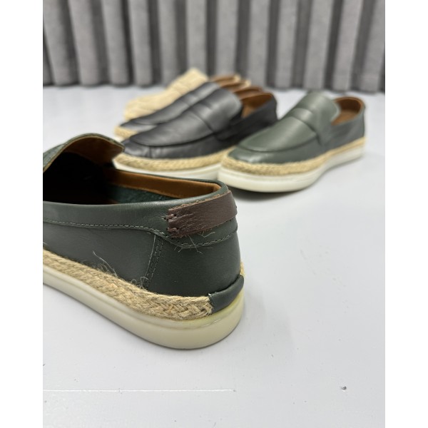 Erkek Hakiki Deri El İşçiliği İtalyan Stil Hasır Tabanlı Casual Loafer Ayakkabı