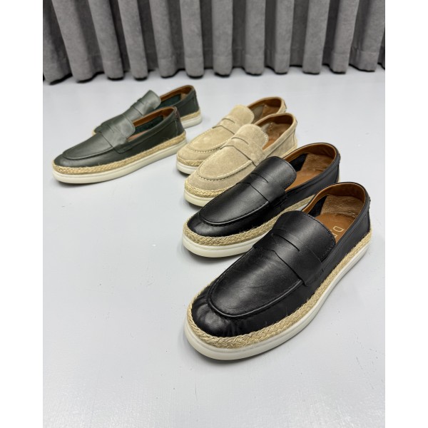 Erkek Hakiki Deri El İşçiliği İtalyan Stil Hasır Tabanlı Casual Loafer Ayakkabı