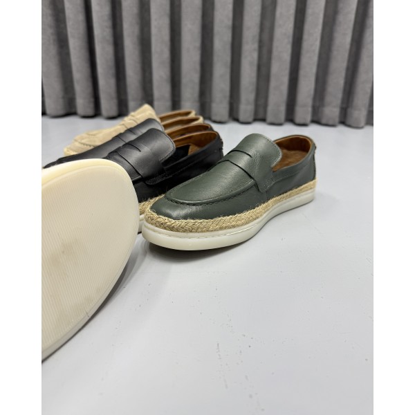 Erkek Hakiki Deri El İşçiliği İtalyan Stil Hasır Tabanlı Casual Loafer Ayakkabı
