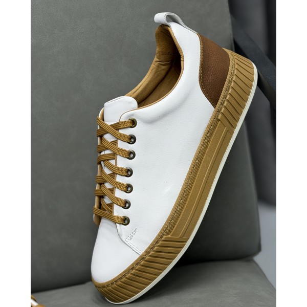Erkek Luxury Beyaz Hakiki Deri Kalın Taban Sneaker