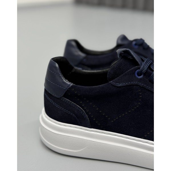 Erkek Hakiki Süet Deri Lacivert Kalın Taban Günlük Sneaker Ayakkabı