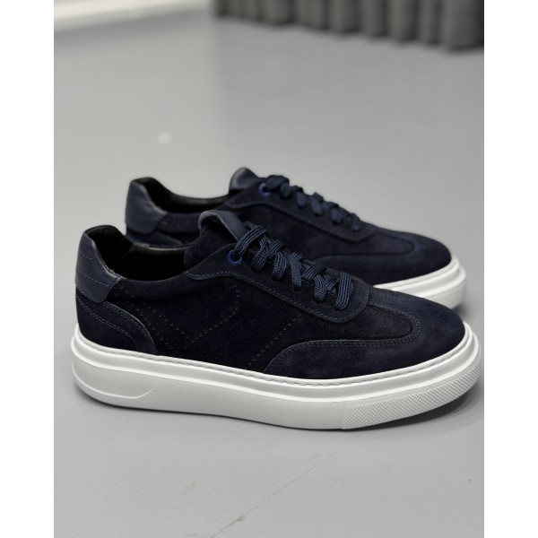 Erkek Hakiki Süet Deri Lacivert Kalın Taban Günlük Sneaker Ayakkabı