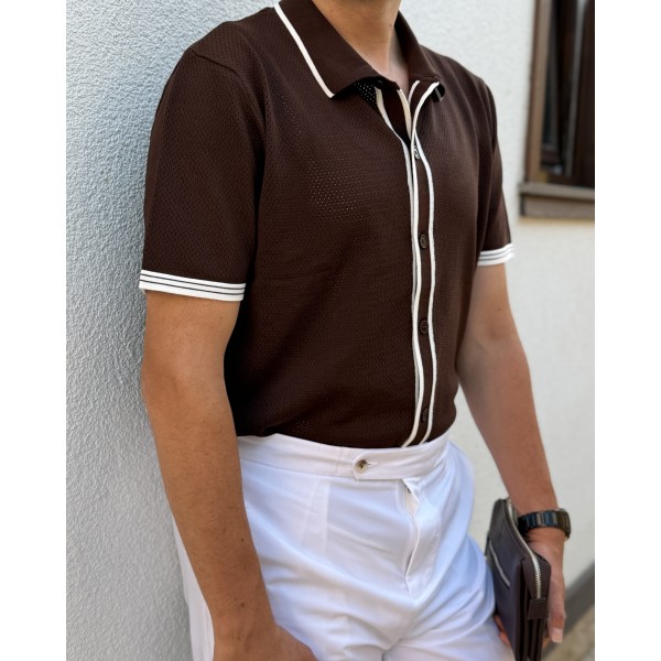 Erkek Premium Kahve Polo Yaka Triko Gömlek – Slim Fit Kısa Kollu Yazlık Triko