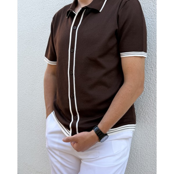 Erkek Premium Kahve Polo Yaka Triko Gömlek – Slim Fit Kısa Kollu Yazlık Triko