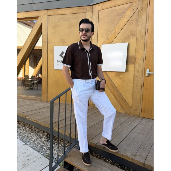 Erkek Premium Kahve Polo Yaka Triko Gömlek – Slim Fit Kısa Kollu Yazlık Triko