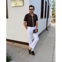 Erkek Premium Kahve Polo Yaka Triko Gömlek – Slim Fit Kısa Kollu Yazlık Triko
