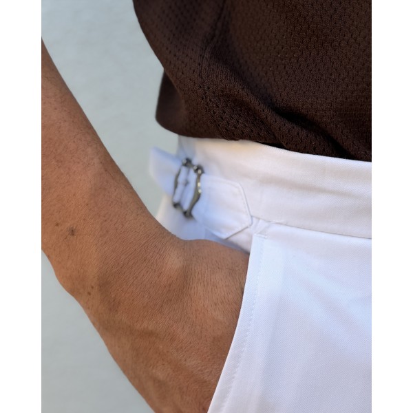 Erkek Premium Beyaz Tokalı Yüksek Bel Kumaş Pantolon – İtalyan Kesim Smart Casual Klasik Pantolon