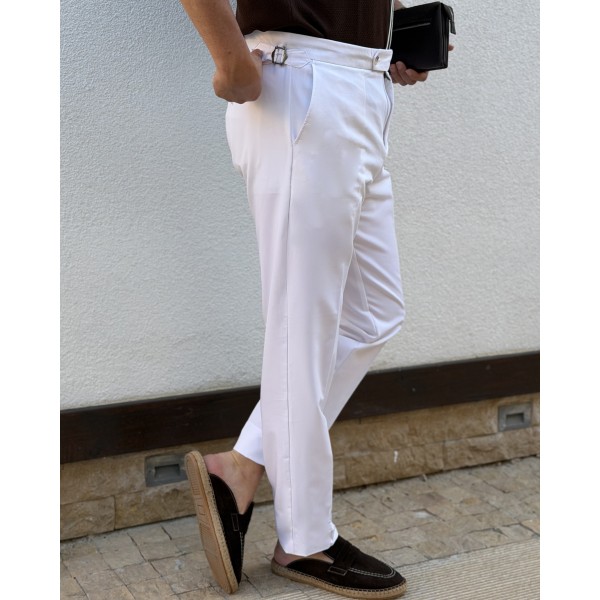 Erkek Premium Beyaz Tokalı Yüksek Bel Kumaş Pantolon – İtalyan Kesim Smart Casual Klasik Pantolon