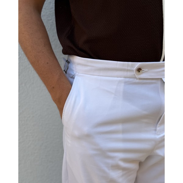 Erkek Premium Beyaz Tokalı Yüksek Bel Kumaş Pantolon – İtalyan Kesim Smart Casual Klasik Pantolon