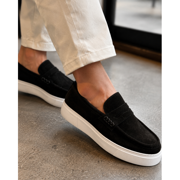 Erkek Hakiki Süet Deri Kalın Taban Casual Loafer Ayakkabı – Kahve / Siyah