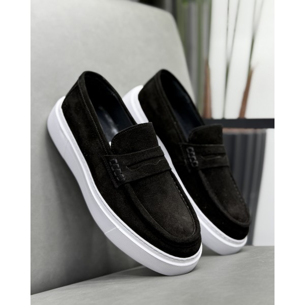 Erkek Hakiki Süet Deri Kalın Taban Casual Loafer Ayakkabı – Kahve / Siyah