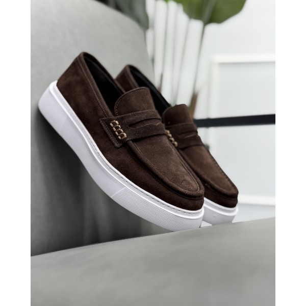 Erkek Hakiki Süet Deri Kalın Taban Casual Loafer Ayakkabı – Kahve / Siyah