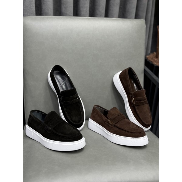 Erkek Hakiki Süet Deri Kalın Taban Casual Loafer Ayakkabı – Kahve / Siyah