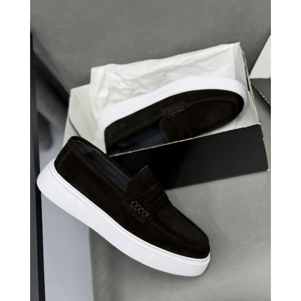 Erkek Hakiki Süet Deri Kalın Taban Casual Loafer Ayakkabı – Kahve / Siyah