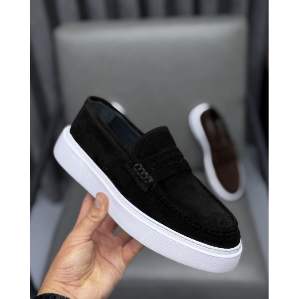 Erkek Hakiki Süet Deri Kalın Taban Casual Loafer Ayakkabı – Kahve / Siyah