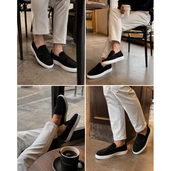 Erkek Hakiki Süet Deri Kalın Taban Casual Loafer Ayakkabı – Kahve / Siyah