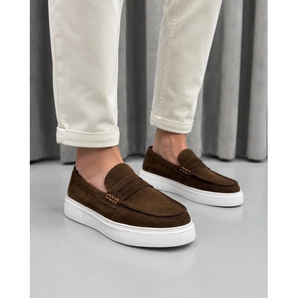 Erkek Hakiki Süet Deri Kalın Taban Casual Loafer Ayakkabı – Kahve / Siyah