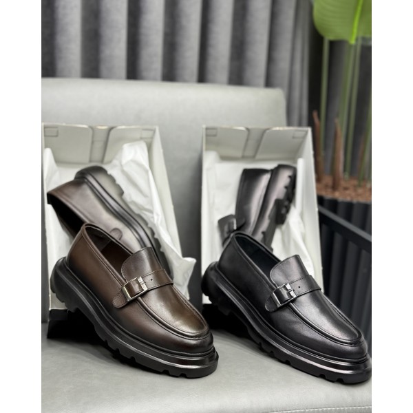 Erkek Hakiki Deri Metal Tokalı Kalın Taban Günlük & Klasik Loafer Ayakkabı – Siyah / Kahve