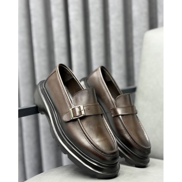 Erkek Hakiki Deri Metal Tokalı Kalın Taban Günlük & Klasik Loafer Ayakkabı – Siyah / Kahve
