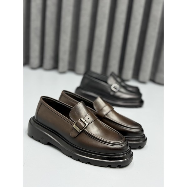 Erkek Hakiki Deri Metal Tokalı Kalın Taban Günlük & Klasik Loafer Ayakkabı – Siyah / Kahve