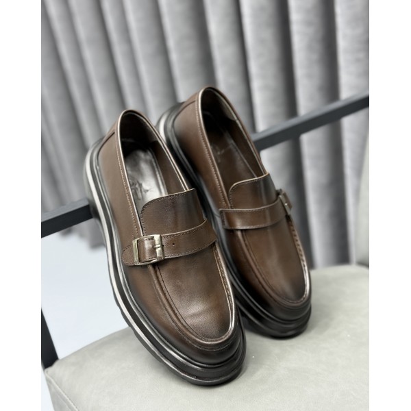 Erkek Hakiki Deri Metal Tokalı Kalın Taban Günlük & Klasik Loafer Ayakkabı – Siyah / Kahve