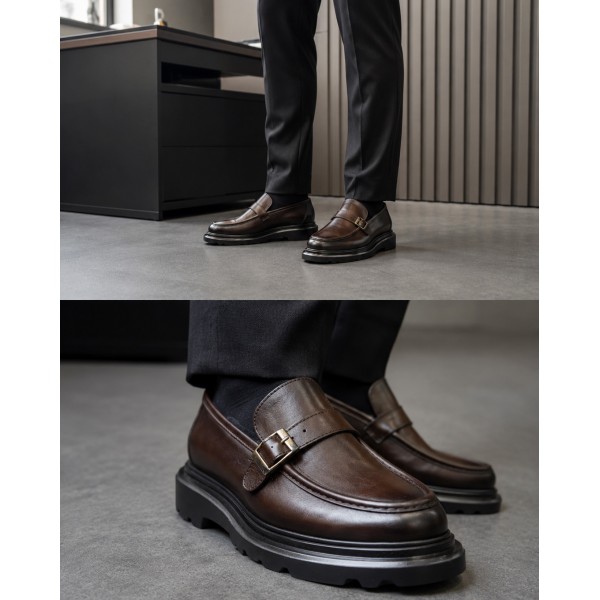 Erkek Hakiki Deri Metal Tokalı Kalın Taban Günlük & Klasik Loafer Ayakkabı – Siyah / Kahve