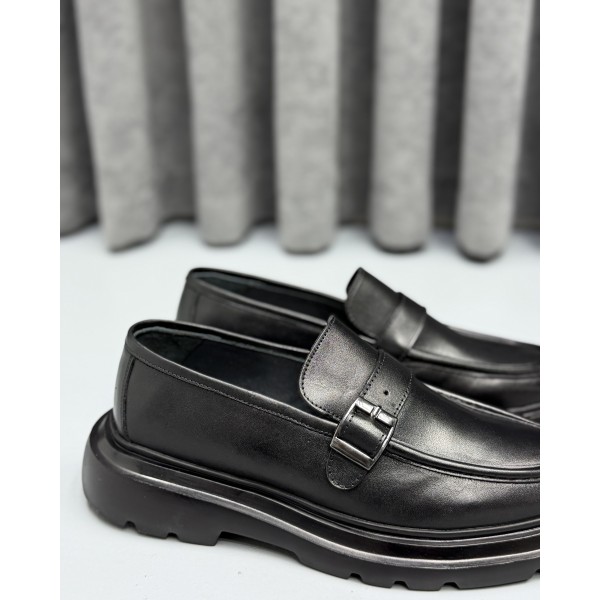 Erkek Hakiki Deri Metal Tokalı Kalın Taban Günlük & Klasik Loafer Ayakkabı – Siyah / Kahve
