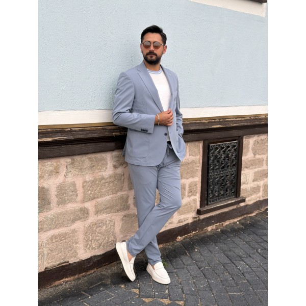 Erkek Premium İpli Rahat Takım Elbise – Slim Fit Esnek Kumaş Blazer Ceket ve Pantolon