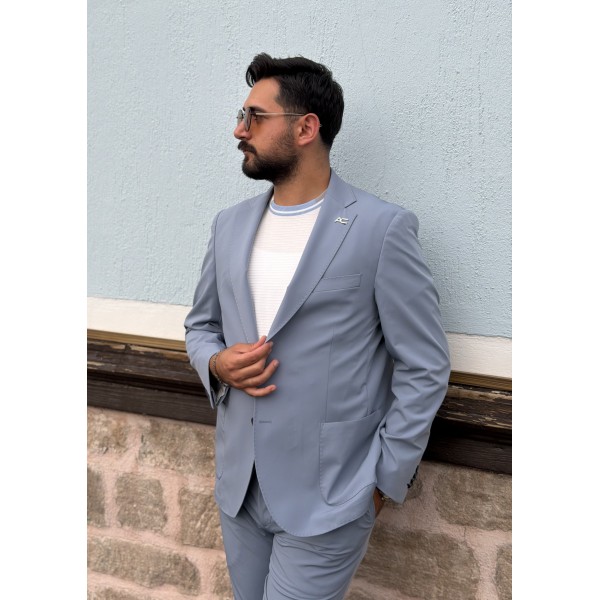 Erkek Premium İpli Rahat Takım Elbise – Slim Fit Esnek Kumaş Blazer Ceket ve Pantolon