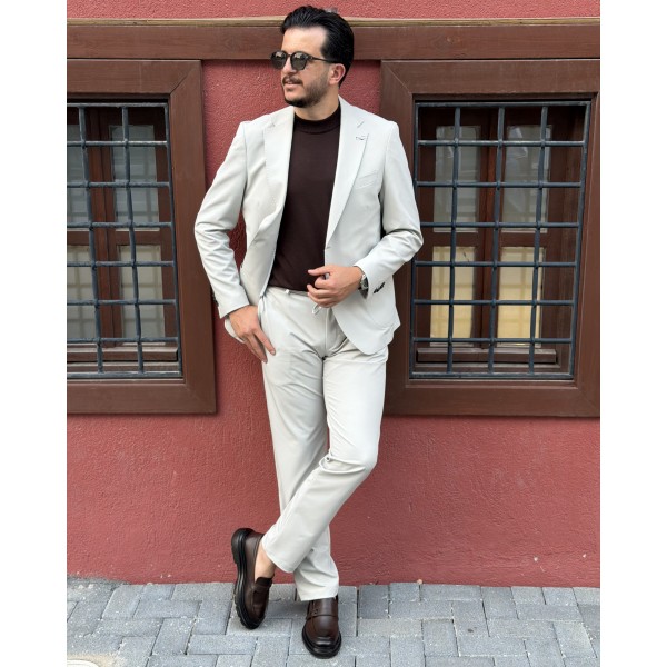 Erkek Premium İpli Rahat Takım Elbise – Slim Fit Esnek Kumaş Blazer Ceket ve Pantolon