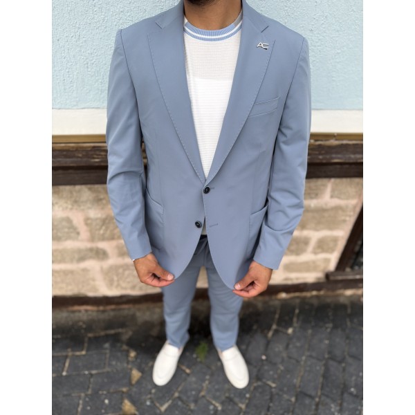 Erkek Premium İpli Rahat Takım Elbise – Slim Fit Esnek Kumaş Blazer Ceket ve Pantolon
