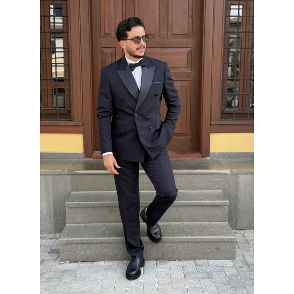 Erkek Luxury Lacivert Seyyar Yaka Çift Düğmeli ...