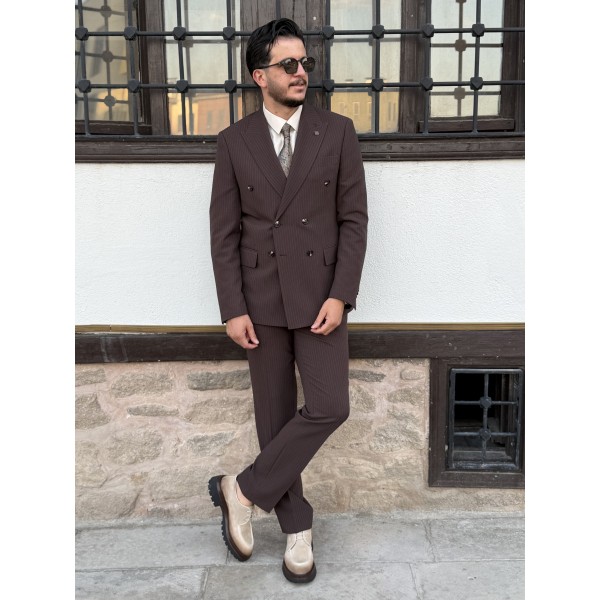 Erkek Premium Gofre Kumaş İtalyan Stil Kruvaze Takım Elbise